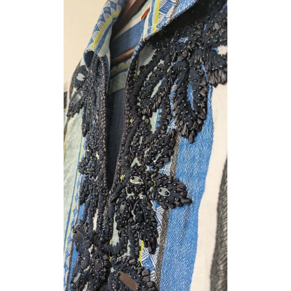 Tory Burch Embroidered Beaded Dress Sz 4 Relaxed Coastal Blue Stripe Collar $548
